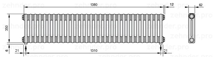 Схема (чертеж) Радиатор Zehnder Charleston 2035/30 №5310 Белый глянцевый RAL 9016